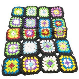 Colorful Granny Squares Pillow Cover, Hand Knitted or Crocheted Vintage Multicol